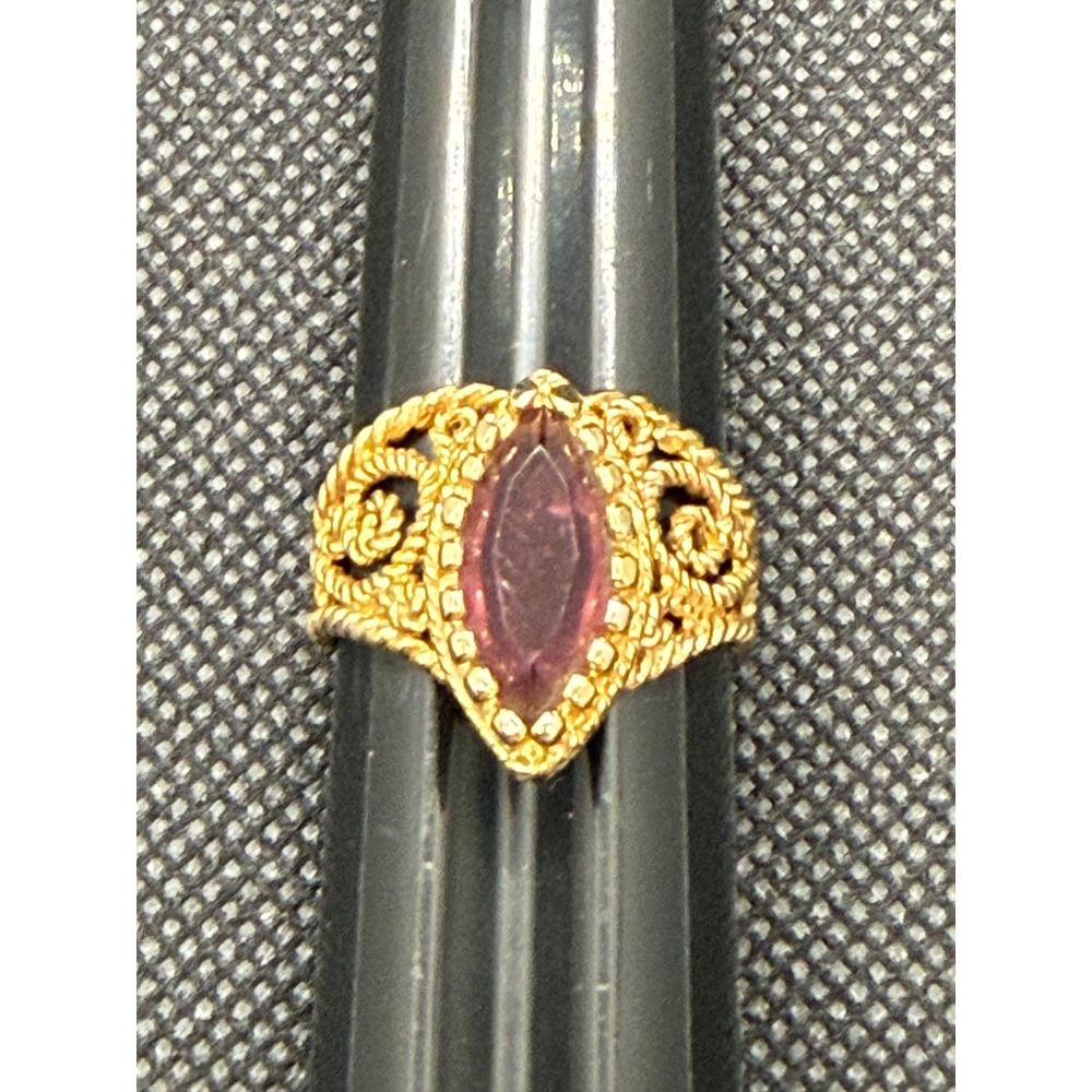 Vintage Gold Tone Marquise Purple Stone Filigree Statement Ring Size 9.25